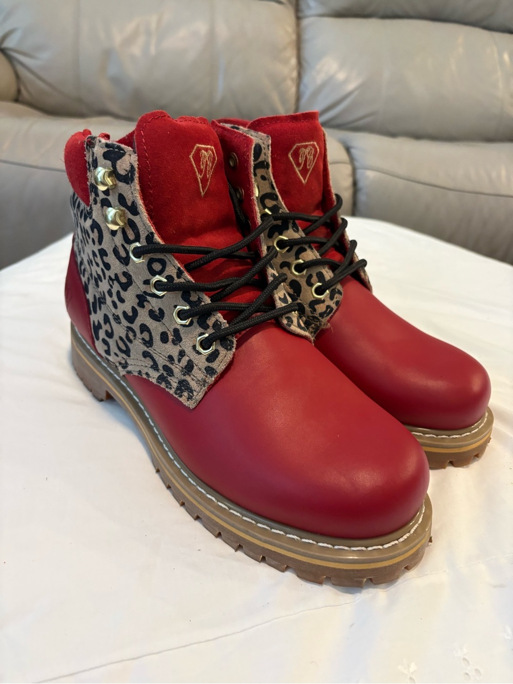 TailleurCouture Red Lace-Up Ankle Safety Toe Boots with Leopard Accent Size 9